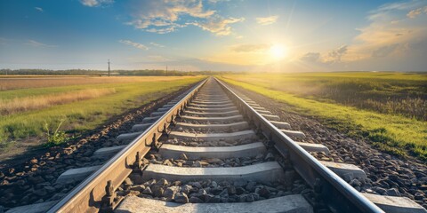 sunset view framing long railroad tracks stretching through a rural landscape