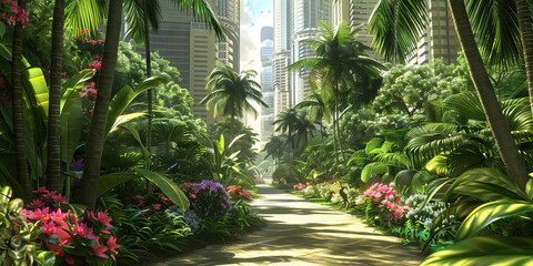 Wall Mural - Jade Jungle: A tropical cityscape surrounded by a lush, green jungle, with tall palm trees swaying in the breeze and colorful flowers blooming along the walkways.