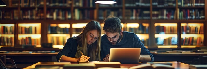 Wall Mural - Two attentive students focused on studying together in a library at night