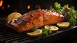 Delicious grilled salmon with vegetable topping, black and blurred background