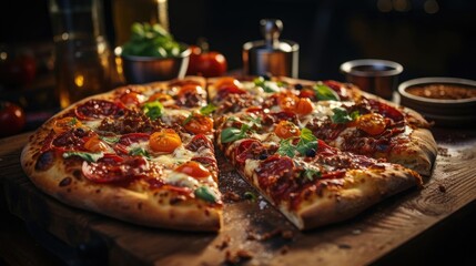 Wall Mural - full pizza with vegetables and meat on wooden table with blur background