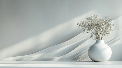 The image shows a still life of a white vase with white flowers on a white table against a white background. The image is soft and has a minimalist aesthetic.