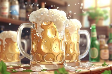 Wall Mural - Three Mugs of Beer on Table. Generative AI