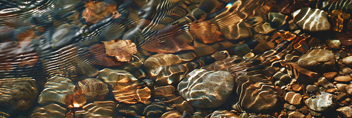 Canvas Print - clear water with pebbles and leaves, generative AI