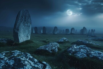 Ancient stone circle bathed in moonlight, space for text