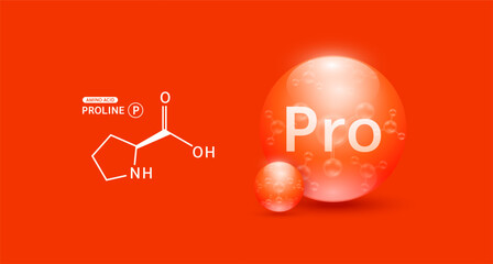 Wall Mural - Proline amino acid red and chemical formula structural. Biomolecules that combine to form proteins nutrients necessary for health muscle. For dietary supplements ads. Medical scientific. Vector.
