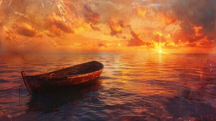 Wall Mural - A stunning vivid sunset paints the sky above the sea with a mix of enchanting colors as sunlight glistens off a boat against the textured backdrop of the sky