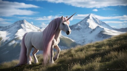 Majestic unicorn standing in fairy tale landscape