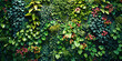 Vertical Gardens: A lush and green oasis amidst the urban jungle, depicting a wall covered in vines, flowers, and other plants thriving in the concrete city.