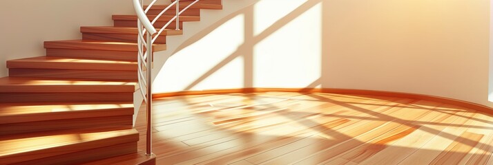 A modern wooden staircase with stainless steel handrail, bathed in warm sunlight casting interesting shadow patterns on the floor