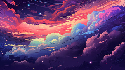 Wall Mural - Hand drawn cartoon illustration of beautiful colorful clouds in the night sky
