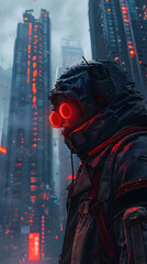 Wall Mural - Espionage Operative Navigating Dystopian Metropolis with Cutting-Edge Gear and Enhancements