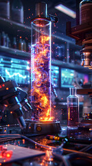 Poster - Glowing Neon Liquid in Futuristic Scientific Laboratory with Microscopes and Projected Bioinformatics Data