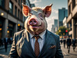 Abstract, creative, illustrated, minimal portrait of a wild animal dressed up as a man in elegant clothes. A pig standing on two legs in business modern suit.