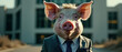 Abstract, creative, illustrated, minimal portrait of a wild animal dressed up as a man in elegant clothes. A pig standing on two legs in business modern suit.