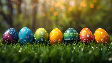 Wall Mural - Sparkling Easter Eggs on Dewy Grass