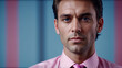 a close up of a man wearing a pink shirt and tie with a pink shirt with a pink tie and a pink shirt with a pink shirt with a blue stripe.