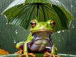 Cute little leaf frog in a bad mood holding an umbrella made out of leaves while it is raining.