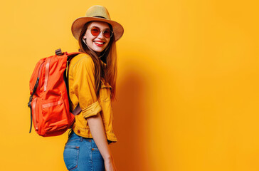 Wall Mural - happy young woman wearing hat and sunglasses with backpack on yellow background