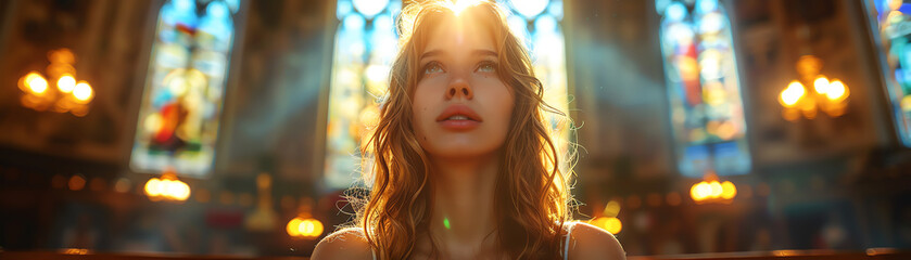 A young woman kneels in a pew in a church, her hands clasped in prayer