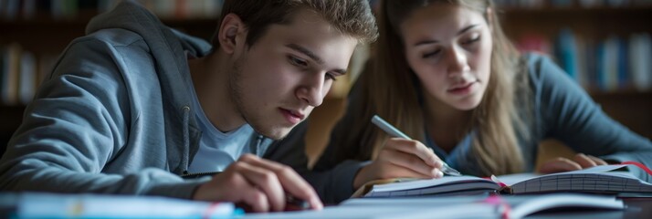 Wall Mural - Concentrated pair of students studying late at night in a library setting