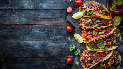 Wall Mural - Flavorful Beef Tacos on Rustic Wooden Table