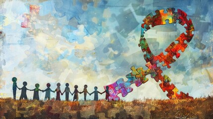 Wall Mural - An illustration of a ribbon made out of colorful puzzle pieces with a group of people holding hands standing behind it, with a sky background,