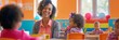 © gunzexx png and bg - Happy teacher interacting with diverse preschool children in a colorful classroom