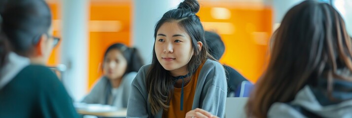 Canvas Print - A thoughtful Asian teen girl sitting in a classroom among her peers