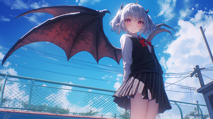 Sticker - beautiful girls bat wings anime school uniforms