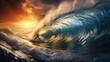 Surfer riding a big ocean wave, dramatic ocean scenery, challenging and thrilling surfing moment