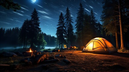 serene forest camping scene with a tent under the starry sky, perfect for outdoor enthusiasts