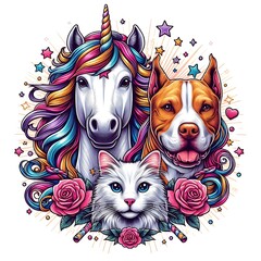 Wall Mural - A dog unicorn and cat image realistic harmony illustrator.