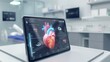 Digital rendering of a human heart displayed on a tablet in a laboratory setting.