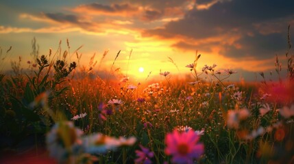 Wall Mural - beautiful summer scene field of flowers at sunset