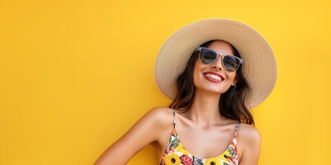 Cheerful woman wearing a wide-brimmed hat and sunglasses, against a vibrant yellow background