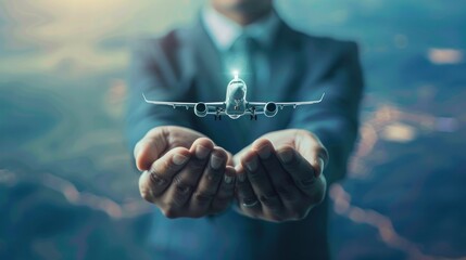 the hand of a man who appears to be holding a miniature airplane. The background is a city lit up at night.