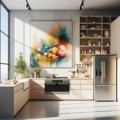 A kitchen have mockup poster empty white with a large painting on the wall photos art lively has illustrative meaning.