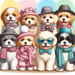 Wall Mural - Many dogs wearing hats and scarves image art harmony used for printing card design illustrator.