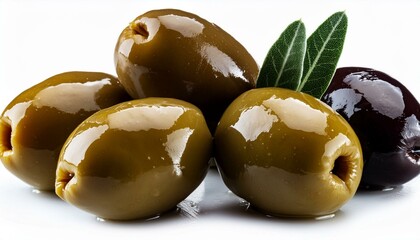 Wall Mural - Delicious olives with leaves, isolated on white background