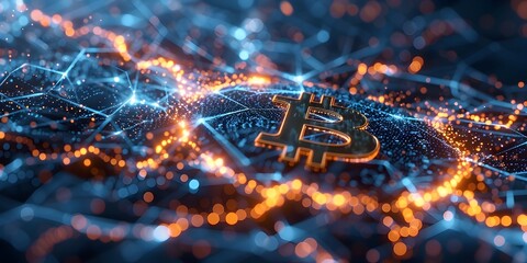 Poster - futuristic bitcoin blockchain network with streaks of digital lightning representing efficiency and 