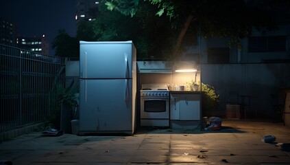 Wall Mural - a refrigerator and stove in a backyard at night time