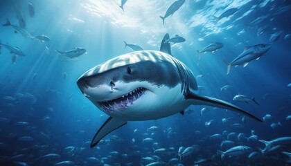 Wall Mural - Great white shark in the ocean, portrait of White shark hunting prey in the underwater