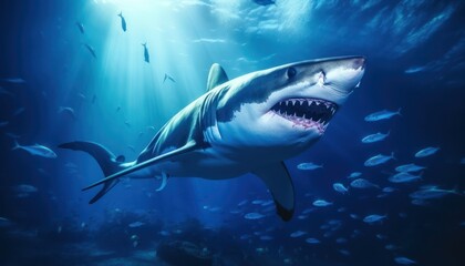 Wall Mural - Great white shark in the ocean, portrait of White shark hunting prey in the underwater