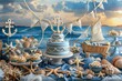 Sailor's Day celebration with nautical decorations and a ship-shaped cake against a harbor backdrop