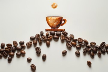 Wall Mural - A cup of coffee is on top of a pile of coffee beans