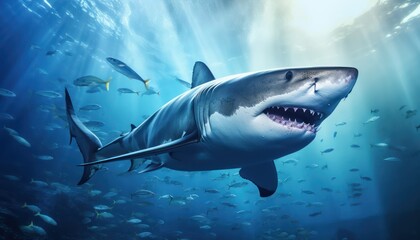 Wall Mural - Great white shark in the ocean, portrait of White shark hunting prey in the underwater