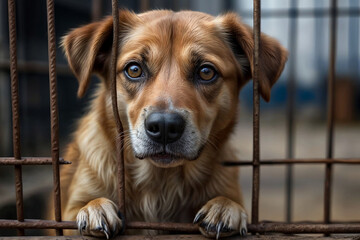 A dog with sad eyes looks out from behind a metal fence