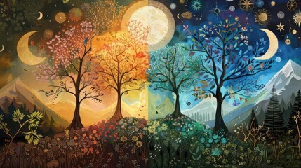 Wall Mural - Depicting the solstice equinox and the shifts in seasons through illustrations