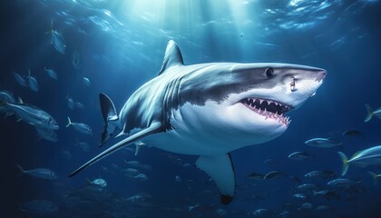 Wall Mural - Great white shark in the ocean, portrait of White shark hunting prey in the underwater